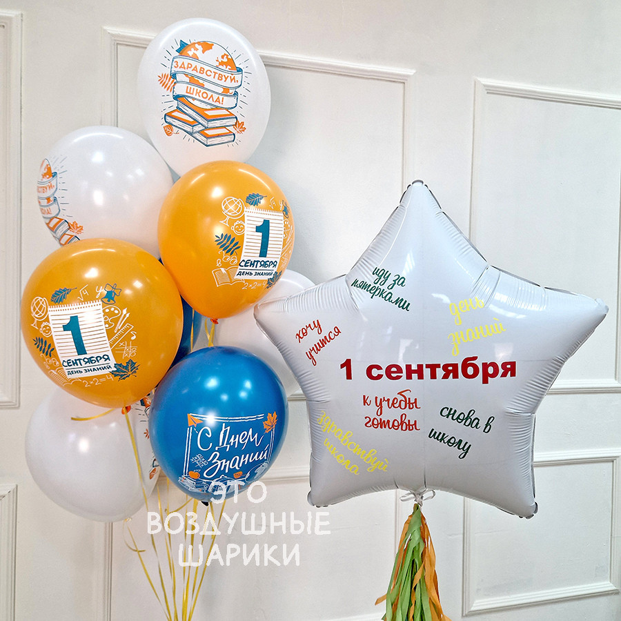 Набор шаров на 1 сентября фонтан из 10 шаров и звезда Фольгированная звезда с надписью День знаний крупно Фонтан из 10 тематических шаров в школьных цветах Готовая композиция звезда и фонтан на линейке Пермь Большая звезда на подставке с надписью 1 сентября Праздничный набор шаров для первоклассника