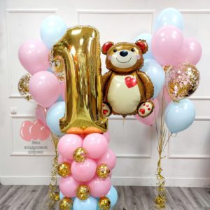 Шары для девочки на 1 годик с милым мишкой