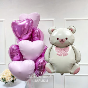 Шары сердца розовые и фуксия с бежевым мишкой