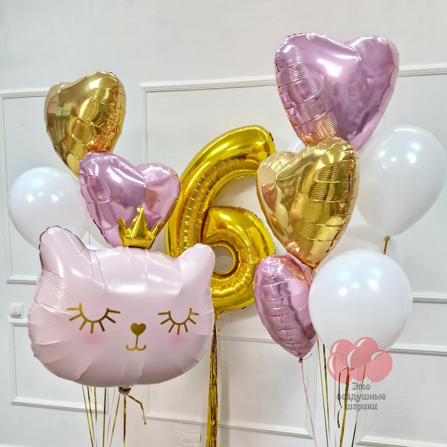 фигура голова кошечки цифра 6, фольгированные сердца, белые шарики