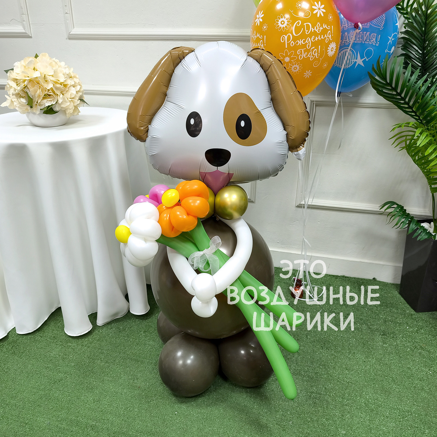 Фигура из шаров собачка с букетом ромашек