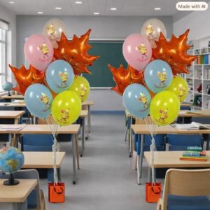 Шары на 1 сентября «Здравствуй, школа!» Набор гелиевых шаров с кленовыми листьями и надписью 1 Сентября для украшения класса в Перми. Осенний фонтан из воздушных шаров с фольгированными листьями на День знаний. Праздничное оформление школьного кабинета воздушными шарами в Перми.